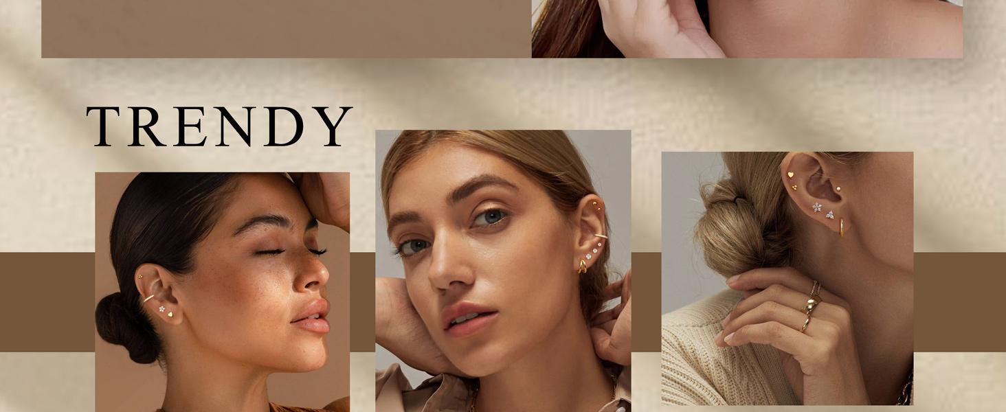 Jstyle Trendy 14K Gold Plated Chain Earrings for Women Hypoallergenic Double Piercing Dangle Chain Huggie Hoop Earrings