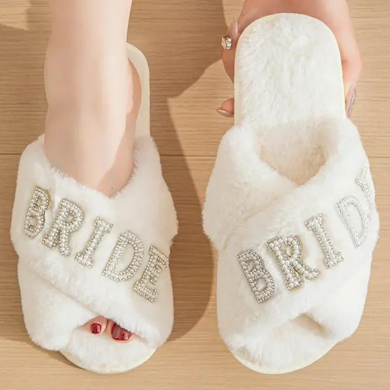 Pearl Letter Bride Popular Women's Slippers Bachelor Party Wedding Plush Comfortable Slippers TPR Sole Indoor Home Slippers