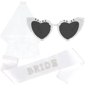 Bride to Be Set: Pearl-Trimmed Heart Sunglasses, Pearl BRIDE Sash & Tulle Veil - Bachelorette Party Bridal AccessoriesGift.