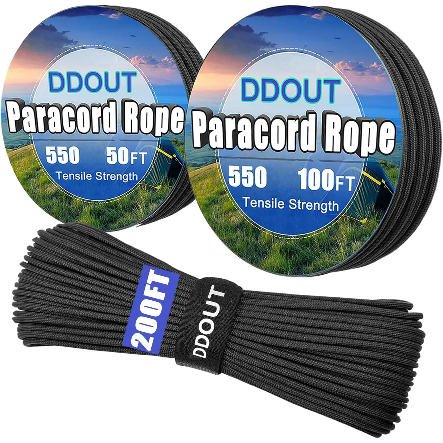 Nylon Rope Black 200ft with 7-Strand Core, 10 Colors and 50/100/200 ft, Type III Parachute Cord 4mm for Camping,, Hiking, DIY, Crafting, Rope