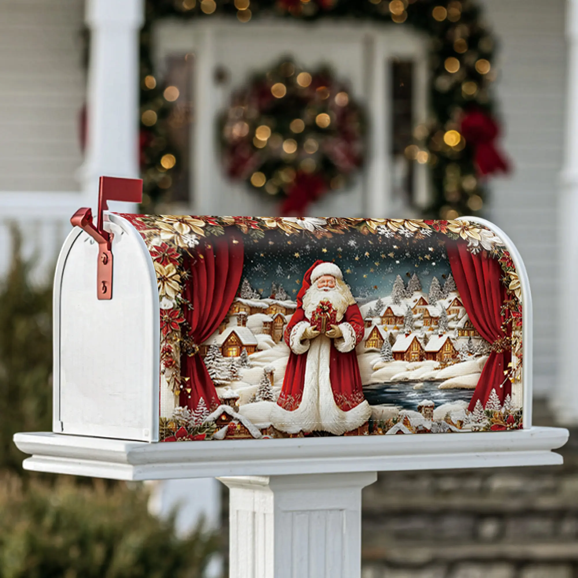 Santa Claus Magnetic Mailbox Covers, Christmas festive snowy village red curtains Christmas red Mail Box Covering for Front Porch Decor