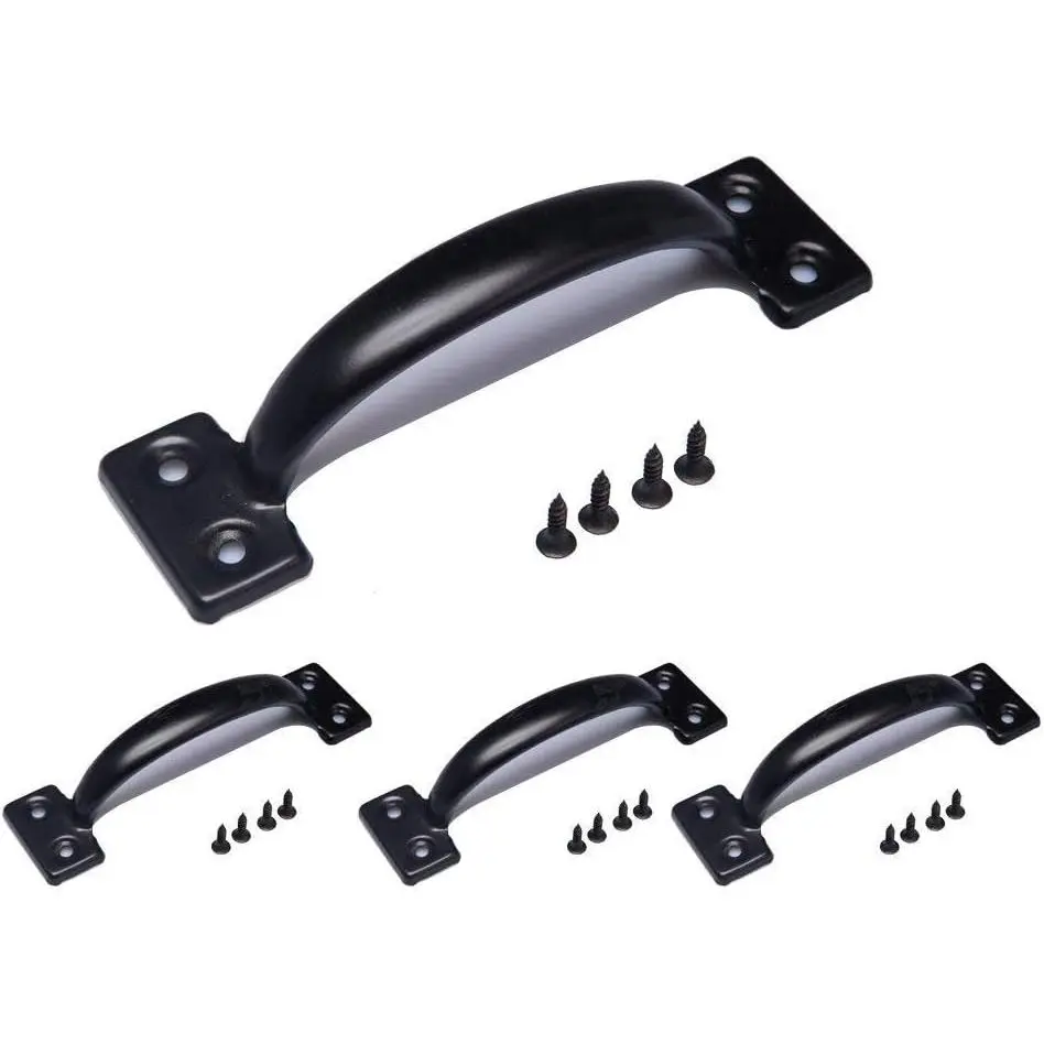 4 Pack Cold Rolled Steel Gate Handles, 6.5-Inch Black Metal Utility Pulls, Surface Mount, Large Grip Size, Includes Screws
