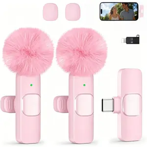 Wireless Mini Microphone for iPhone, iPad, Android, 2 Pack Lavalier Mic with 360 °   Rotatable Clip, Plug and Play Noise Reduction USB-C Mic for Video Recording YouTube TikTok Content Creators, Pink