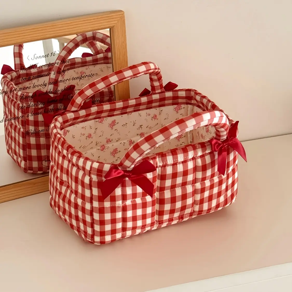 Gentle Small Red Plaid Storage Basket, Quilted Craft, Double Bow Design, Two Colors Optional, Universal Organizer for Desktop, Maternity, And Daily Commute, Shelf Baskets