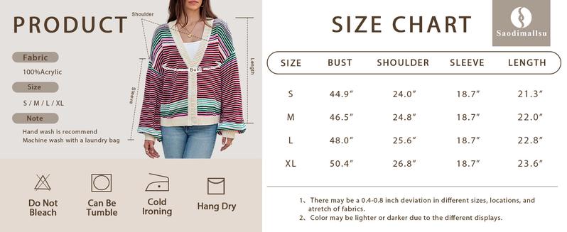 FMEYOA Womens Striped Cardigan Sweaters Oversized Puff Sleeve Button Up V Neck Color Block Knit Sweater Coat