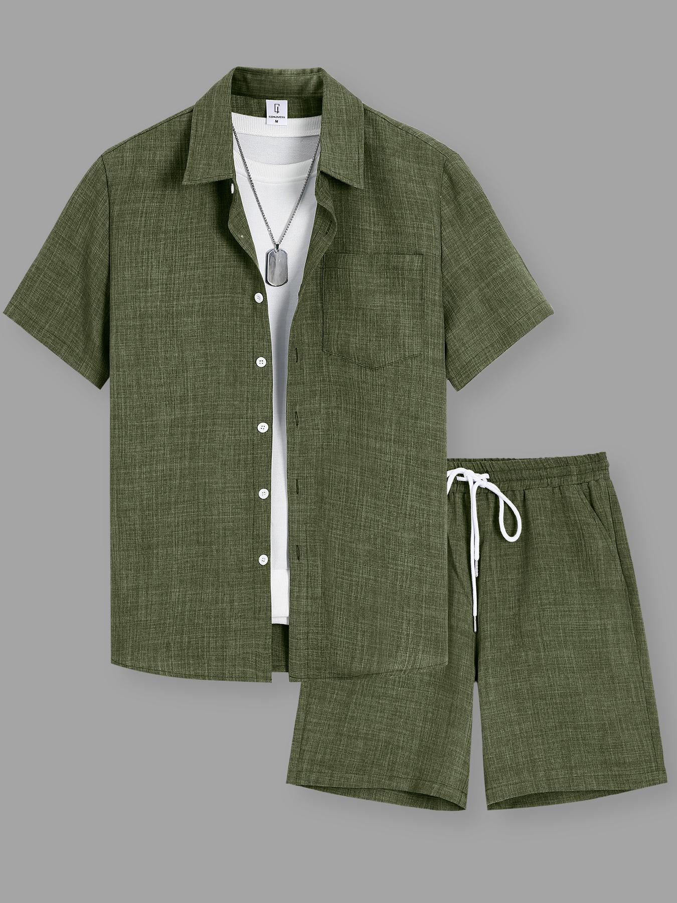 Men's Solid Short Sleeve Shirt & Shorts Loungewear Two-piece Set, Casual Comfy Top & Shorts PJ Set, Pajamas Set, Men's Sleepwear for Summer