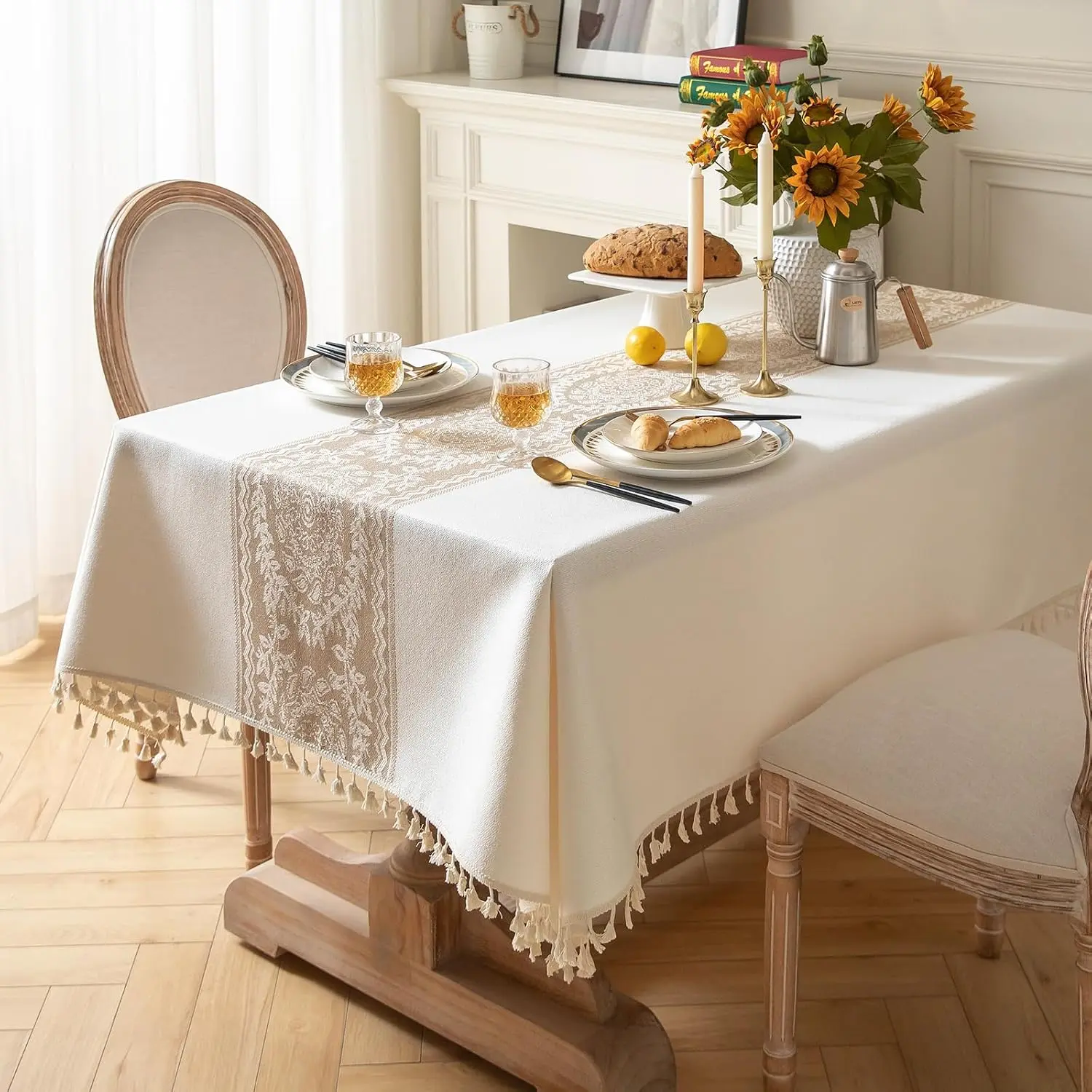 Rustic Cotton-Linen Tasseled Waterproof Tablecloth, Heavy-Duty Rectangular Wrinkle-Resistant Dining Cover, Champagne 55"x86" Farmhouse Style Protective Table Linen