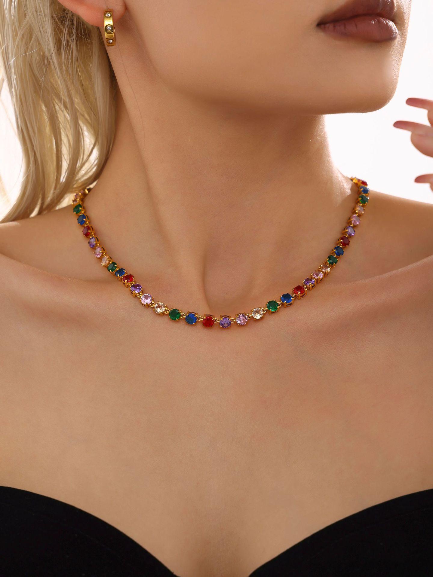 Handmade Prong Setting 5mm Colorful Zircon Shiny Bracelet & Necklace Set, 18K Gold Plated Luxury Jewelry