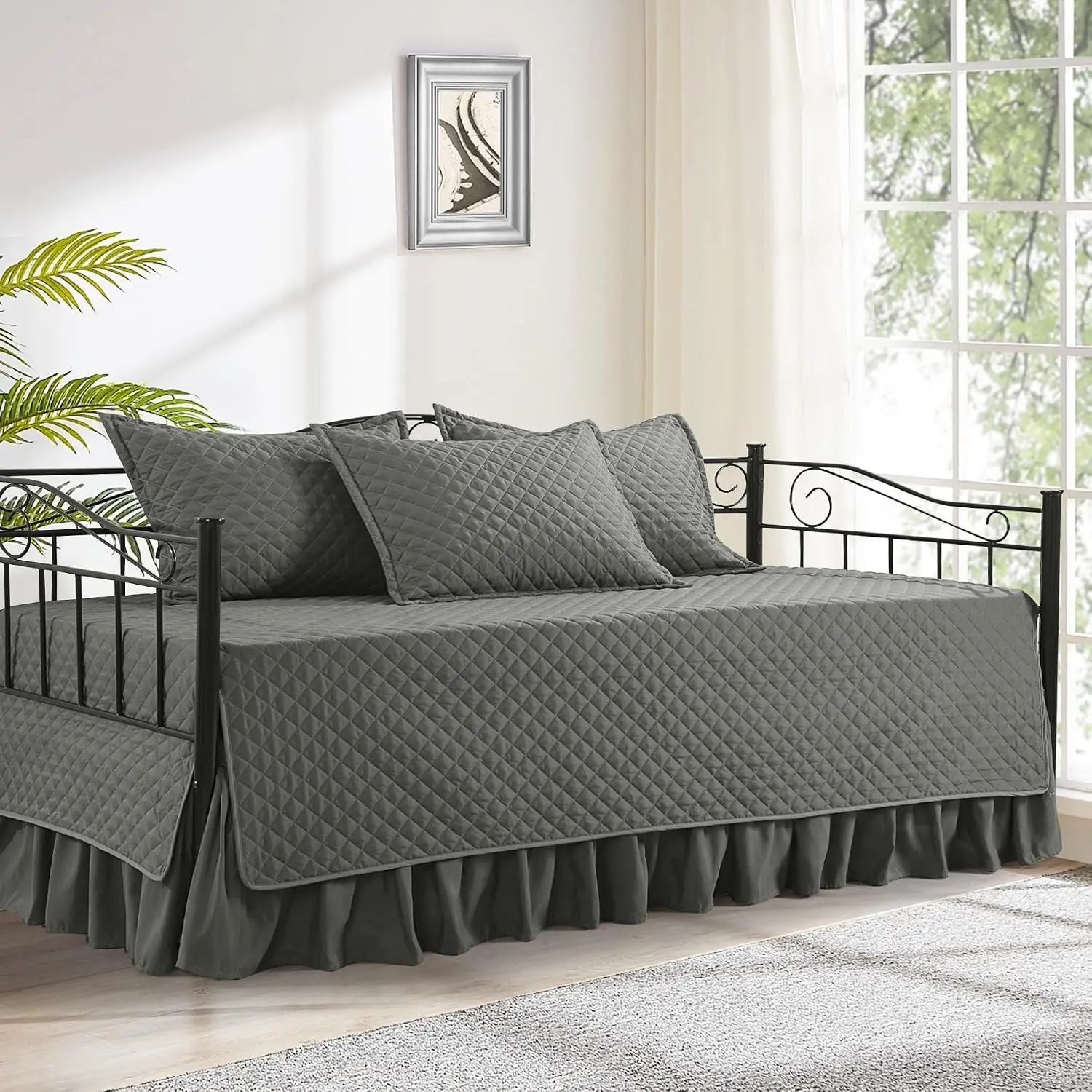 Daybed Cover Sets Diamond Stitching Daybed Bedding Set All Season Cozy Bedding with Bedskirt and Shams Microfiber Filling 5 Pieces Dark Grey