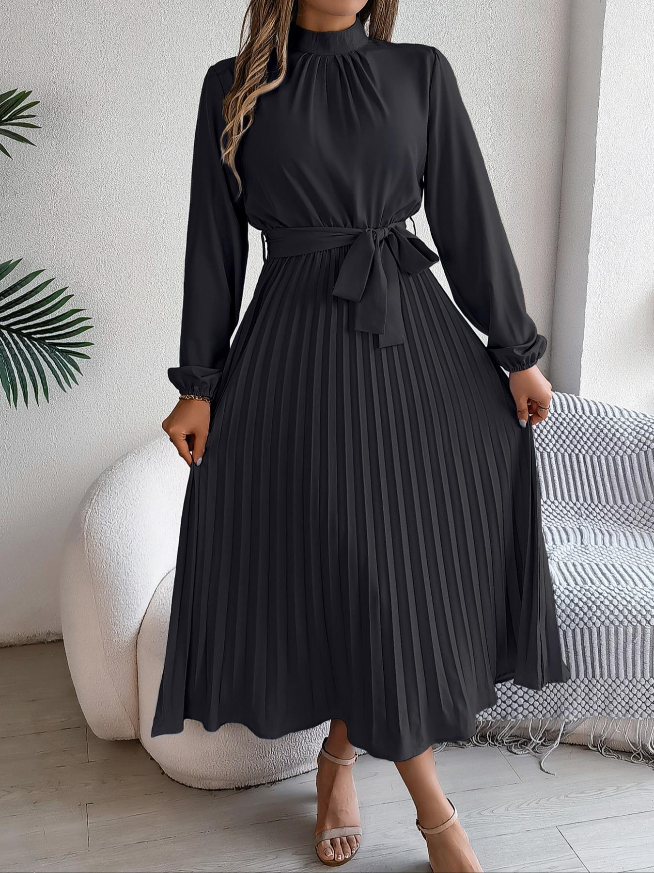 Women's Elegant Chic Long Sleeve Belted Pleated Dress, Spring & Fall Fitted Plain Design, Middle East Style Maid of Honor Gown