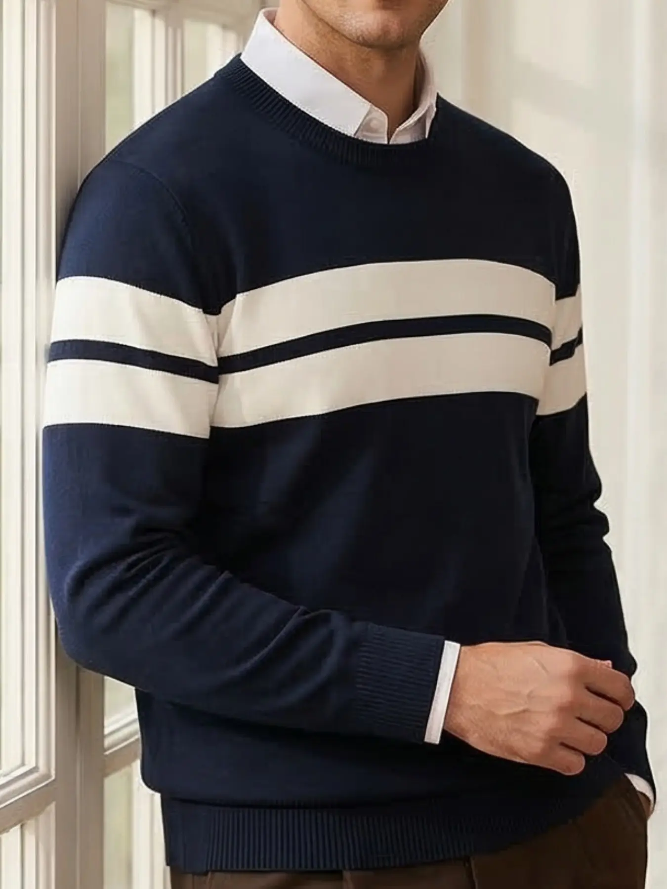 Mens Sweater Crew Neck Stripe Knitted Pullover Colorblock Band Long Sleeve Jumper Fall Winter Fashion Streetwear Casual Warm Sweatshirt Top Male Youth Teenager School Daily Wear Layering Piece Soft Breathable Slim Fit Navy（Doesn't include lining）