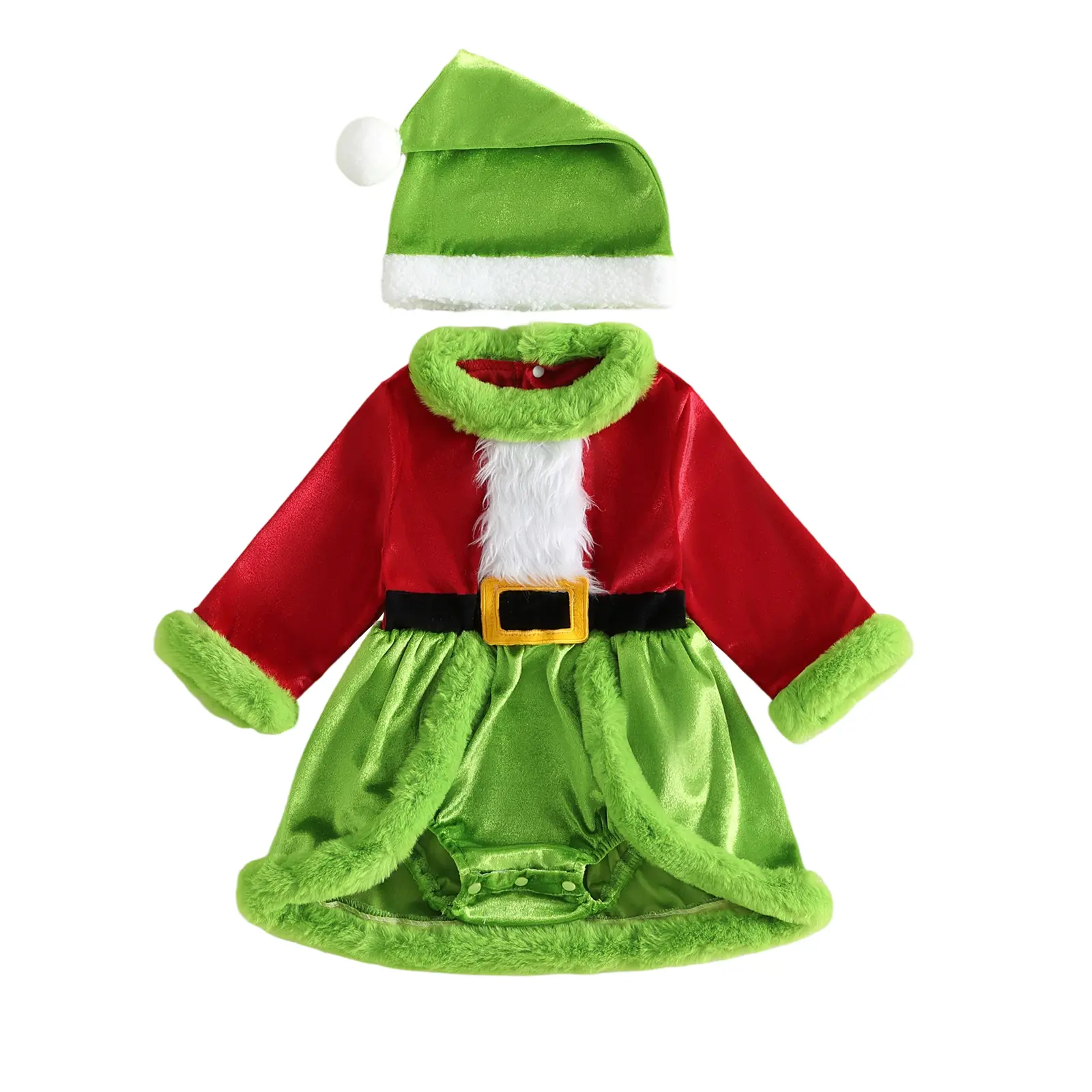 Infant Baby Girl Christmas Costumes Green Monster Romper Dress and Santa Hat Set Fall Winter 0-18 Months