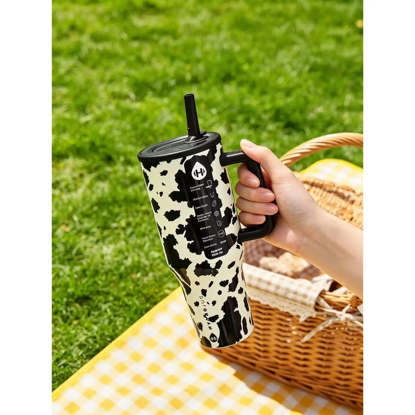 HydroJug 40oz Printed Stainless Steel Insulated Travel Mug with Handle+Straw, Portable BPA-Free Cupholder-Friendly Double Wall Vacuum Tumbler for Hot & Cold Drinks, Western Cow Print Design (for Travel Use)