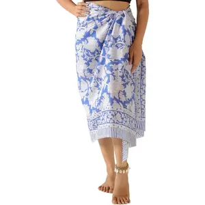 100% Cotton Sarong Cover Up for Women Indian Block Print Beach Wrap Skirt Long Boho Swimsuit Bikini Pareo (73” x 43”)(Gift)