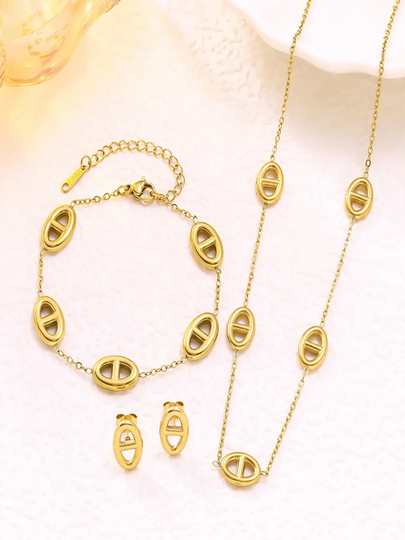 Gold Tone Oval Link Jewelry Set for Women, 3Pcs Dainty Coffee Bean Charm Necklace Bracelet Earrings Set, Minimalist Everyday Jewelry