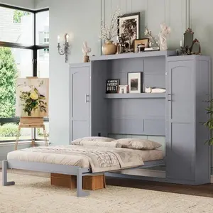 Full Size Murphy Bed Wooden Full Wall Bed with Wardrobe Storage Shelf Foldable Platform Bedframe for Guest-Room, Bedroom