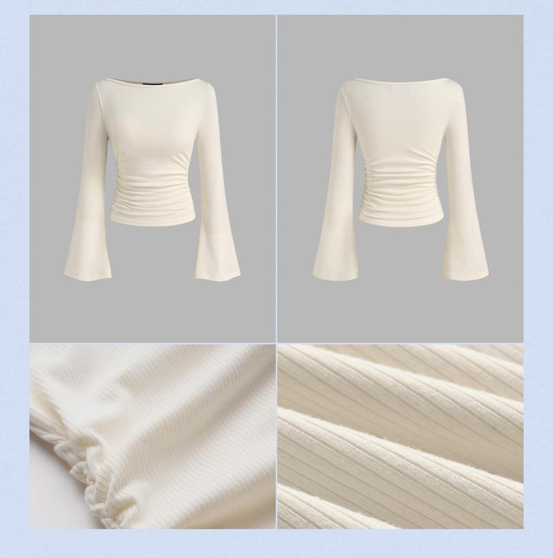 Cider Boat Neck Solid Ruched Long Sleeve Tee