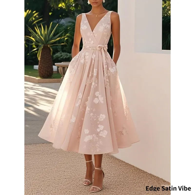 Women's Sleeveless V-Neck Floral Digital Print A-Line Floor-Length Long Pullover Formal Dress for Women, Womens Dresses