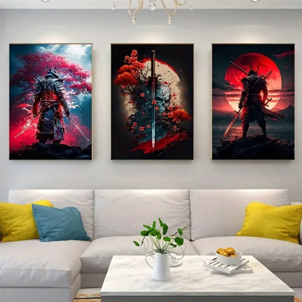 3 Pieces Japanese Samurai Space Theme Kids Room Art, Canvas Wall Mural, Sci-Fi Childlike Home Art, Kids Gallery Decor, Rich Tone Poster, Wall Decor for Kids Room and Playroom, Framed or Unframed.