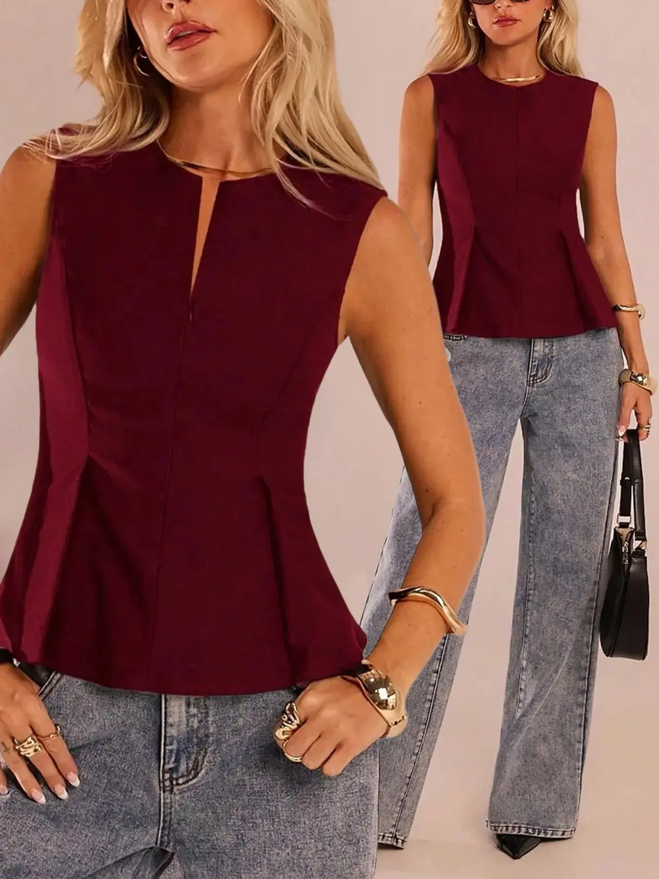Women Sleeveless Keyhole Front Peplum Top Crew Neck Slim Fit Waist Flared Hem Blouse Elegant Office Daily Wear Sleeveless Tunic Tops Classic Solid Basic Going Out Dressy Shirts For Women Business Casual Blouses Outfits With Subtle Waist Cinched Design