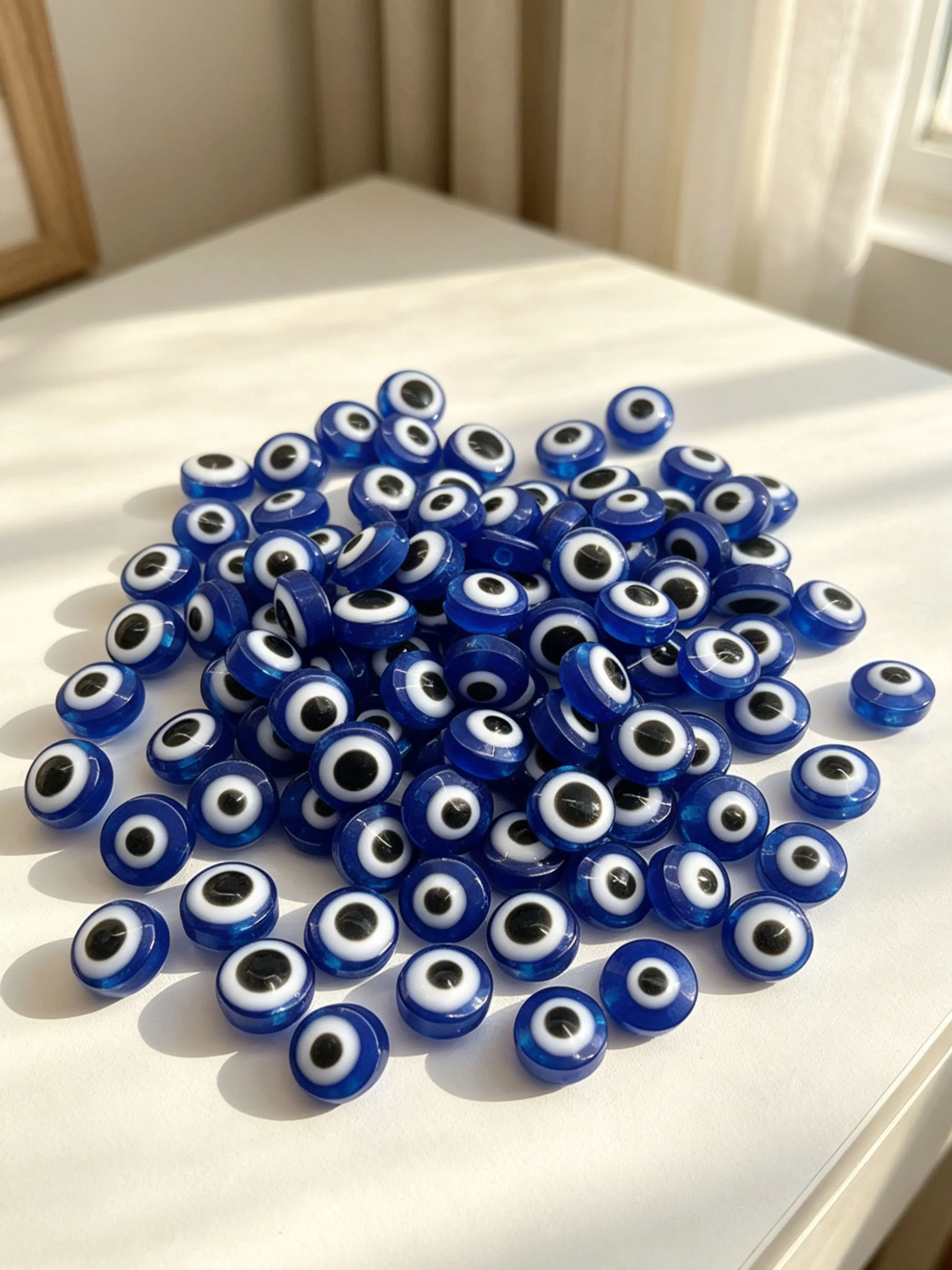 100 Resin 8mm Flat Round Devil Eye Beads, Blue Eyes Fish Eye Spacer Beads, DIY Jewelry Making Accessories, Craft Supplies for Women and Girls