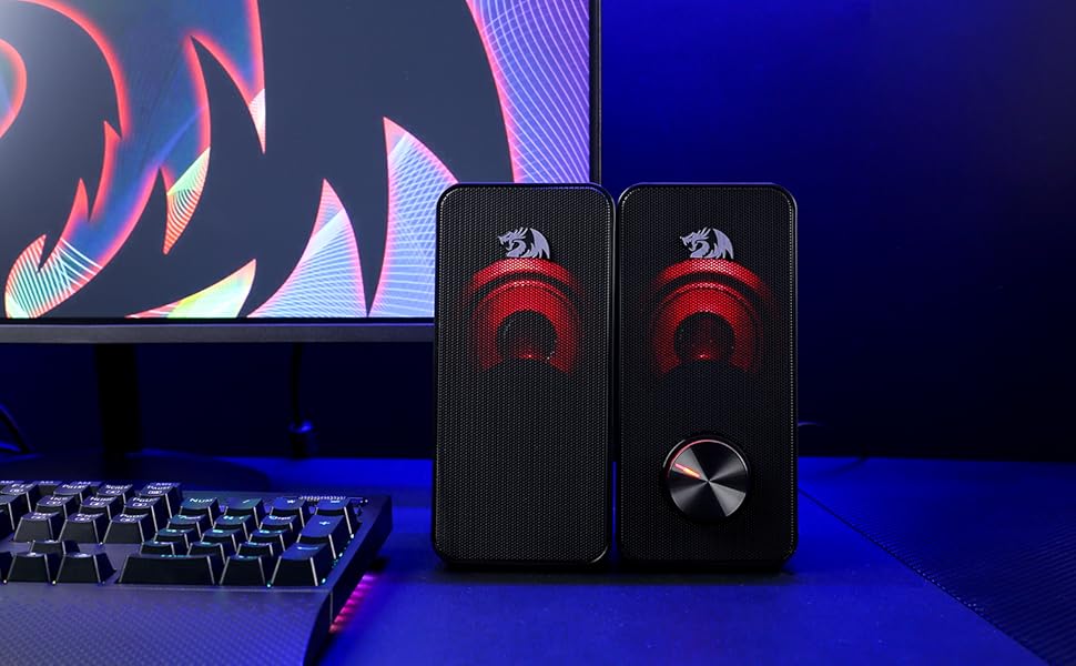 Redragon GS500 Stentor PC Gaming Audio Speaker, 2.0 Channel Stereo Desktop Computer Speaker with Red Backlight, Quality Bass and Crystal Clear Sound, USB Powered with a 3.5mm Connector