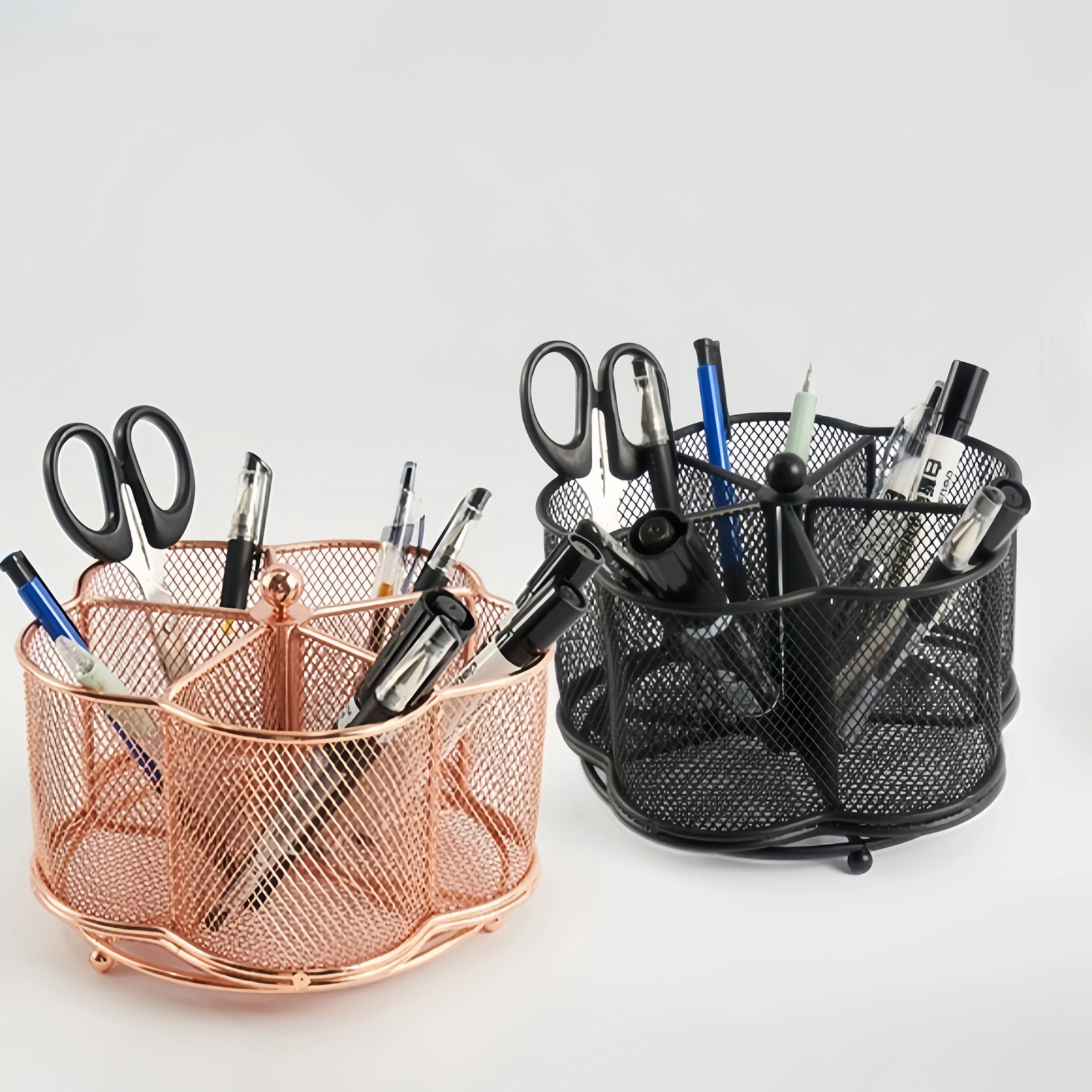 1 360-degree metal desktop storage rack—with 5 compartments, a multifunctional stationery organizer—can be used to store office supplies and as a kitchen utensil rack; ideal for pens, scissors, cutlery, and other items; a handy storage solution