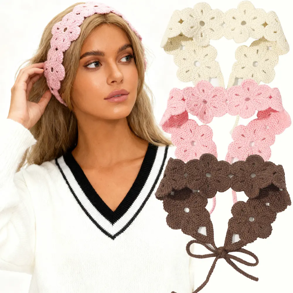 Women Handmade Crochet Flower Tie Headband, Hollow Knit Floral Hair Wrap, Adjustable Lace Up Boho Hair Band for Daily Beach Vacation Retro Casual Hair Accessory Gift