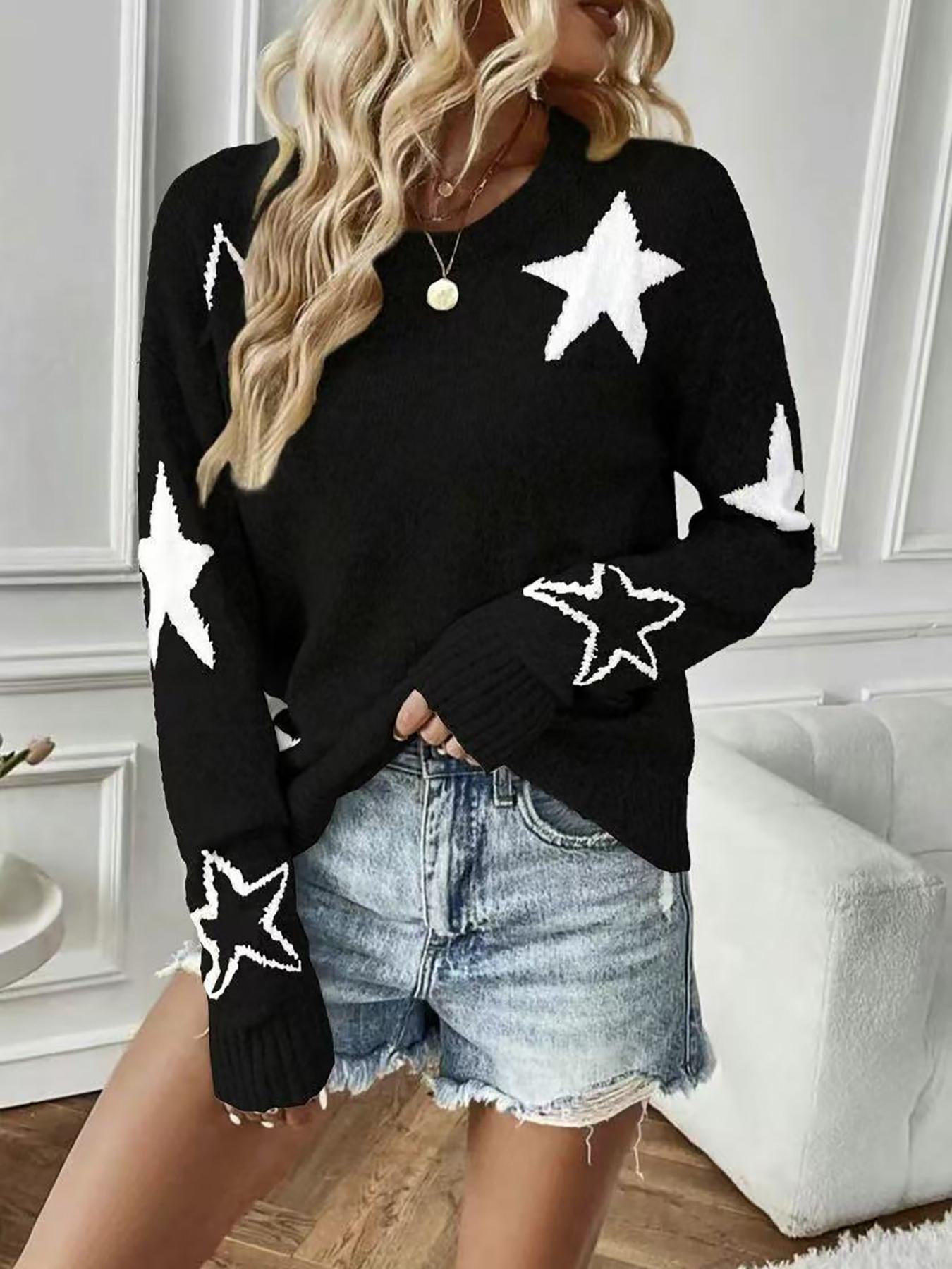 Women's Star Pattern Pullover Sweater, Fall Winter Knit Fitted Long Sleeve Top, Unique Design, Cute Style, Perfect for Casual Wear, Womenswear