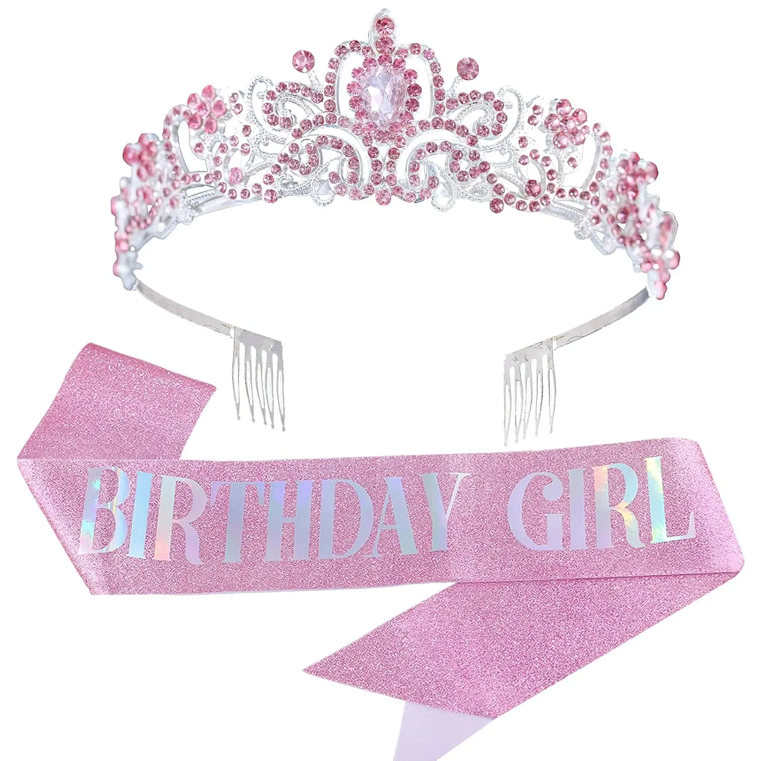 Glitter Birthday Girl Sash and Rhinestone Crown Tiara Set for Women, Happy Birthday Accessories for Party Decorations