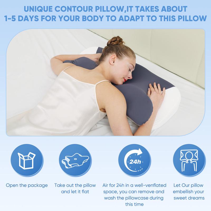Extra-wide, oversized neck pillow High-quality supportive memory foam pillow Two heights available Washable, breathable pillowcase Enlarged armrest area for Side Sleep Stomach Sleeping and Back Sleepers