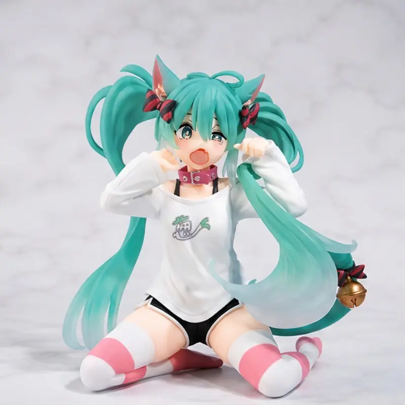 Hatsune Miku Cat Ear Kneeling Figure, Gradient Blue Twin Tails, Cute Animal Ears Bell Tail, PVC Material, Desktop Decoration, Collectible