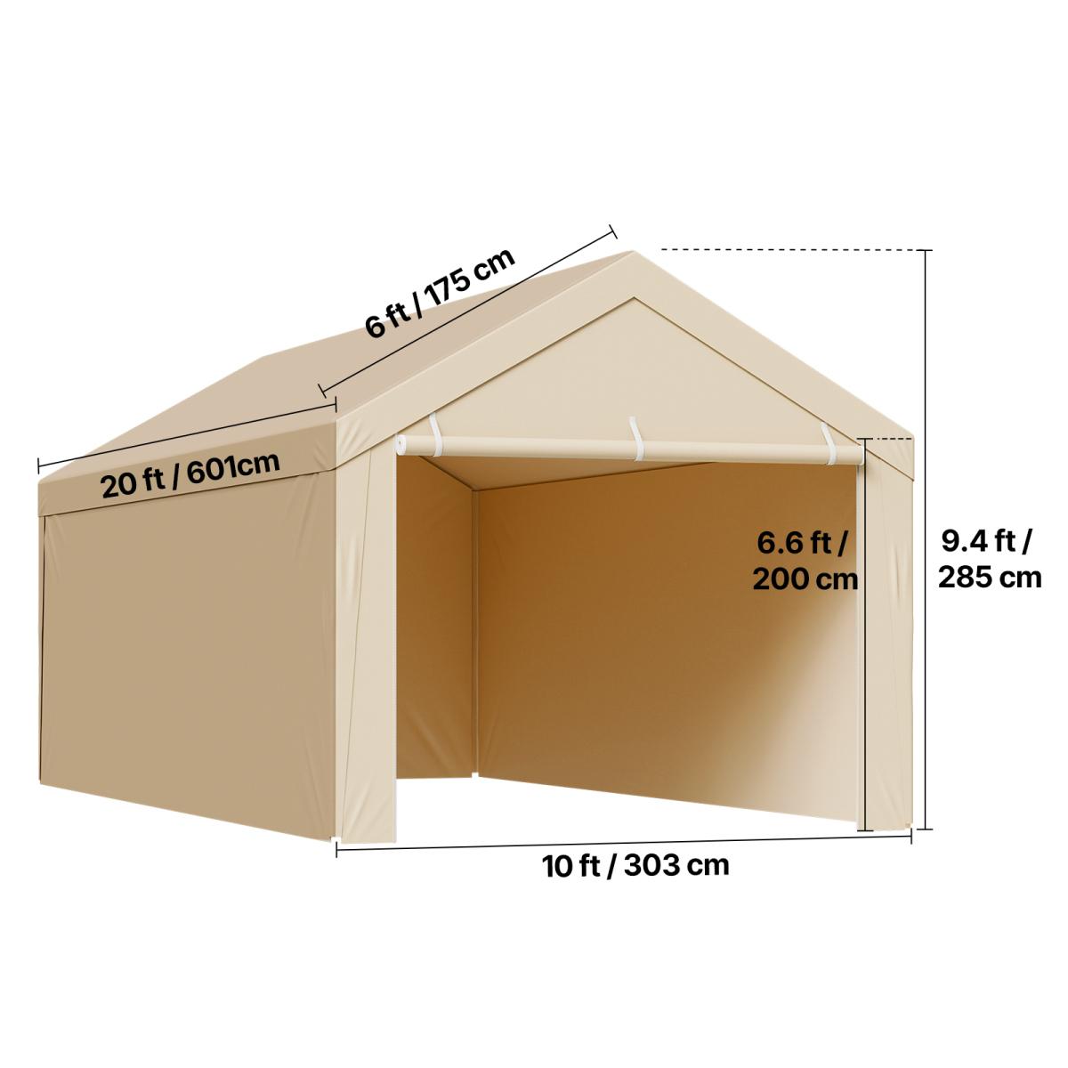 10 x 20 ft Carport Replacement Canopy Heavy Duty Waterproof UV-Resistant Portable Garage Tent Top Tarp with Sidewalls & Ball Bungees Beige Outdoor Vehicle Shelter Cover for Car Truck Patio Backyard Storage Sun Shade All Weather Protection Frame Not Includ