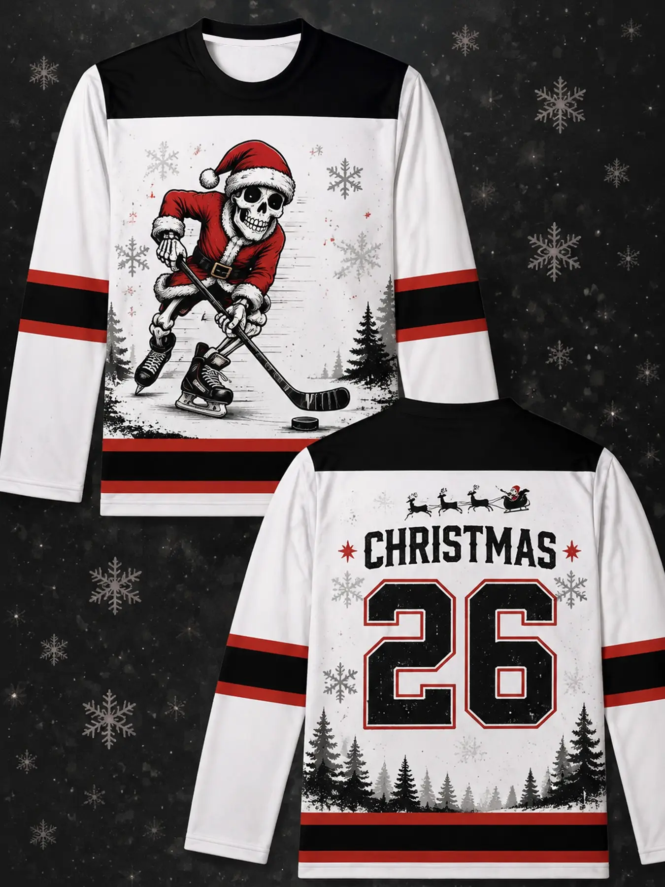 Men Christmas Hockey Long Sleeve Jersey,Santa Skeleton Hockey Stick Graphic Shirt,Striped Color Block 26 Number Back Print Top,Fashion Crew Neck Sport Tee For Xmas Party Cosplay,Great For Christmas Holiday Sports Gathering Daily Casual Wear