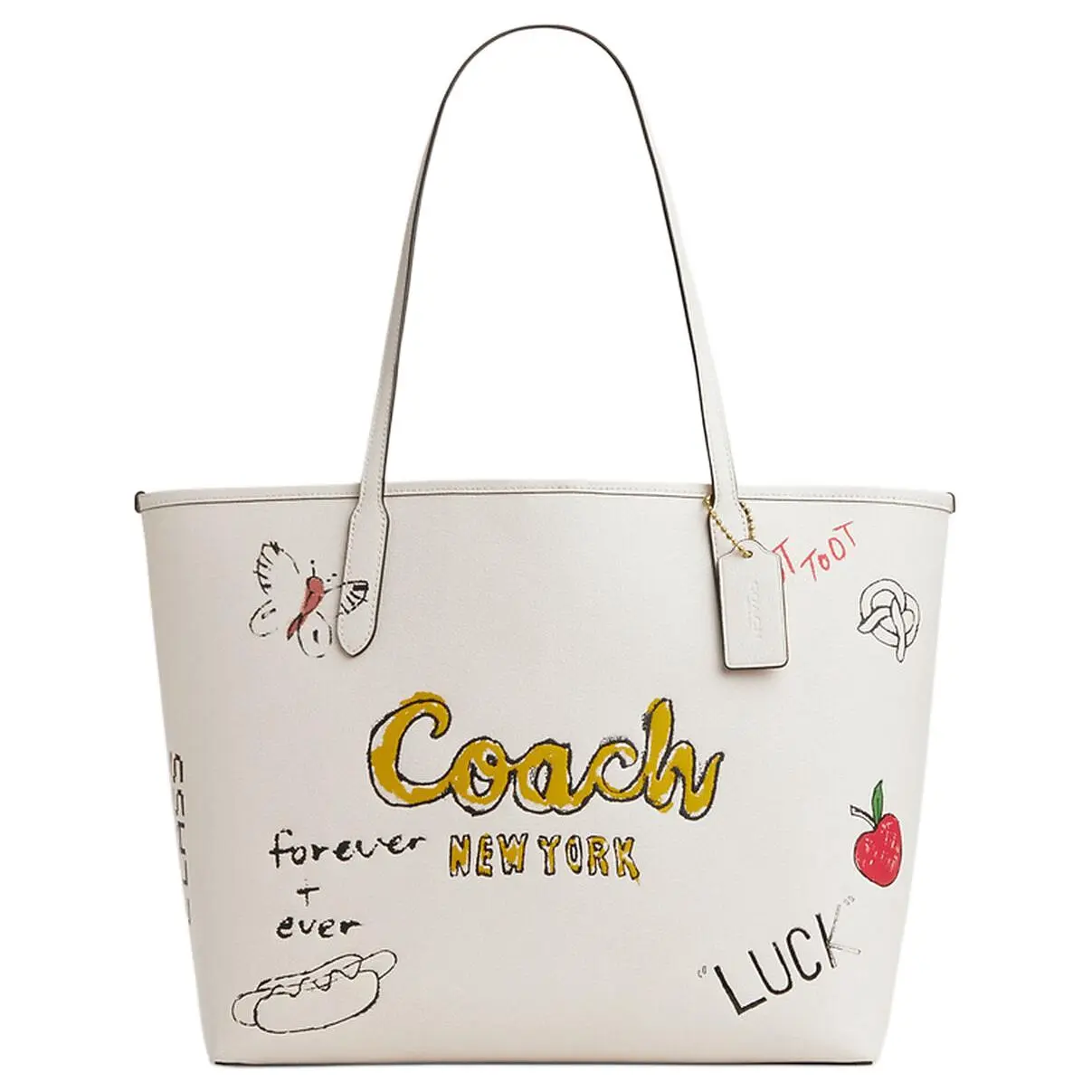 COACH City 33 Sketch Print Leather Tote Bag for Women, Chalk White