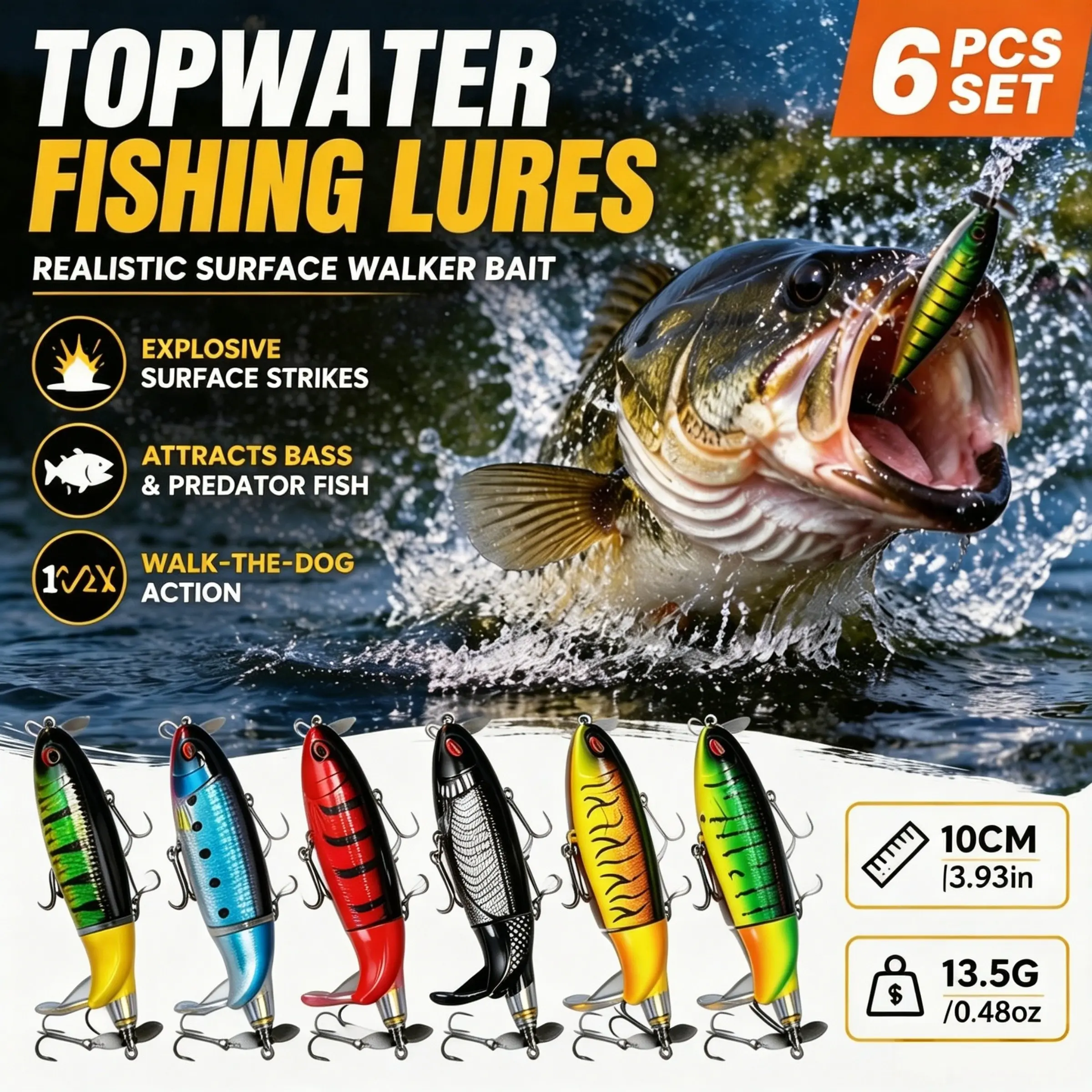 Freshwater Fishing Lure Kit for Beginners, Fishing Lures Set 6PCS Topwater Prop Baits with Loud Splashing Action, Surface Strike Lures for Bass, Pike, Snakehead & Muskie