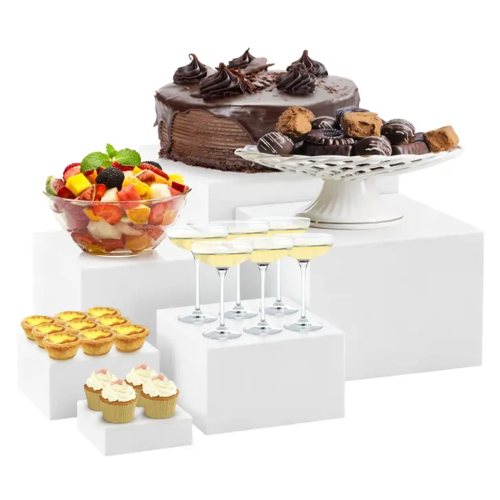 Hosslly 6-Piece White Acrylic Modern Multi-Size Hollow-Base Buffet Risers Set - Party Decor Display Stand, Nesting Storage Box for Catering, Cupcake Desserts, Jewelry & Collectibles