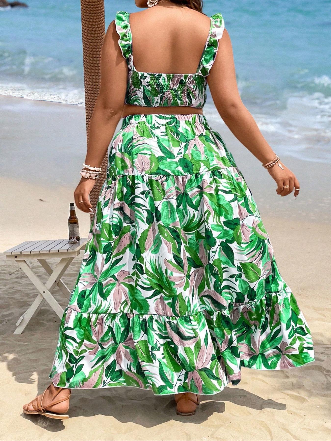 【Plus Size】 Leaf Print Crop Top & Skirt Set, Boho Bohemian Fashion Casual Two-piece Set for Beach Vacation Holiday, Women's Clothing for All Seasons