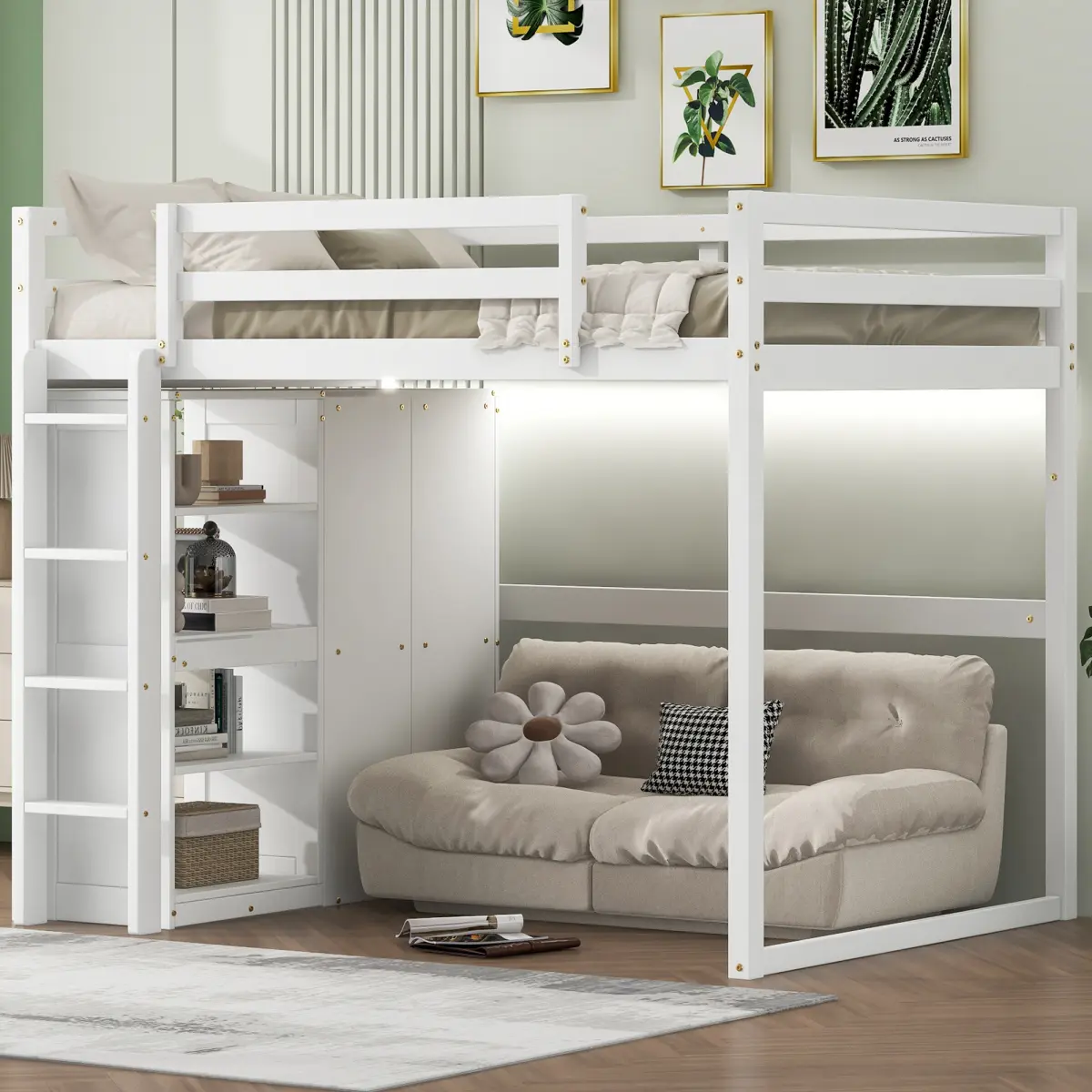 Wood Full Size Loft Bed with Built-in Wardrobe and Storage Shelves, Led light, White