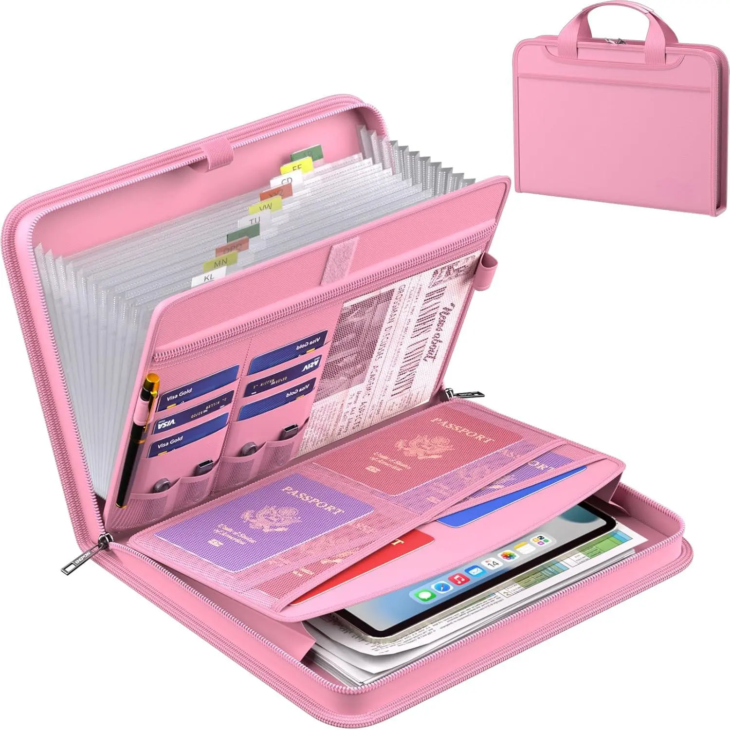 Accordion File Organizer,Fireproof Expanding File Folder with Multi Pockets,13 Pockets Document Organizer with Handle & Labels,Portable Home Travel Safe Storage Folder for Letter A4 Files,Pink