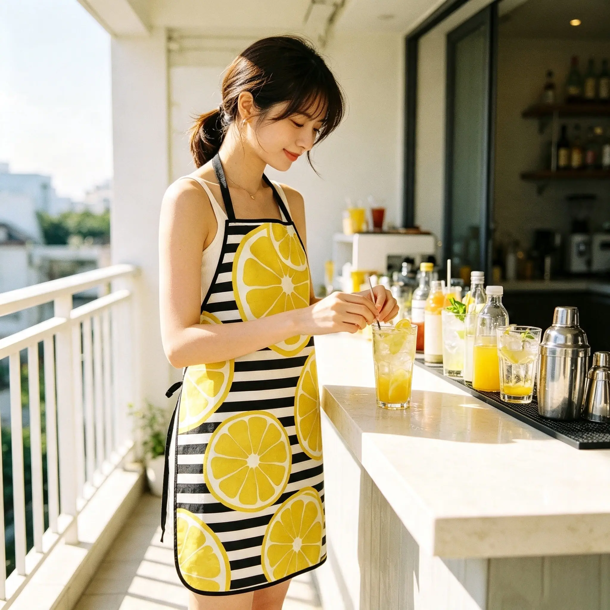 Trendy Lemon Stripe Print Apron, Summer Kitchen Cooking Apron, Bold Citrus Design, Baking Apron for Women, Fast Shipping