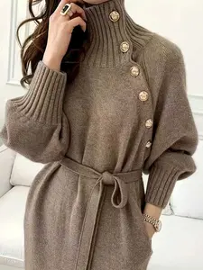 Korean Style Lazy Chic Coffee Color Knit Long Dress, High Neck Loose Large Sleeve Waist Tie Belt over Knee Sweater Dress