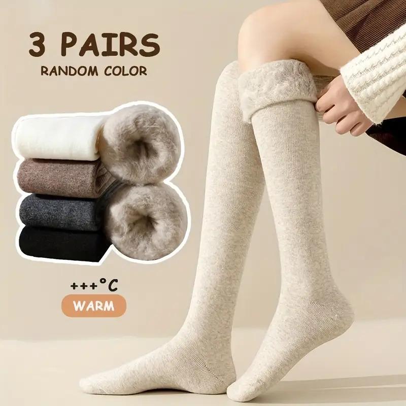 3/6 Pairs Women's Heavy Warm Over-the-Knee Socks - Extreme Cold Weather Leg Warmers - Ribbed Cuffs for Warmth - Beige/Black/Gray Cold Weather Womenswear Gear