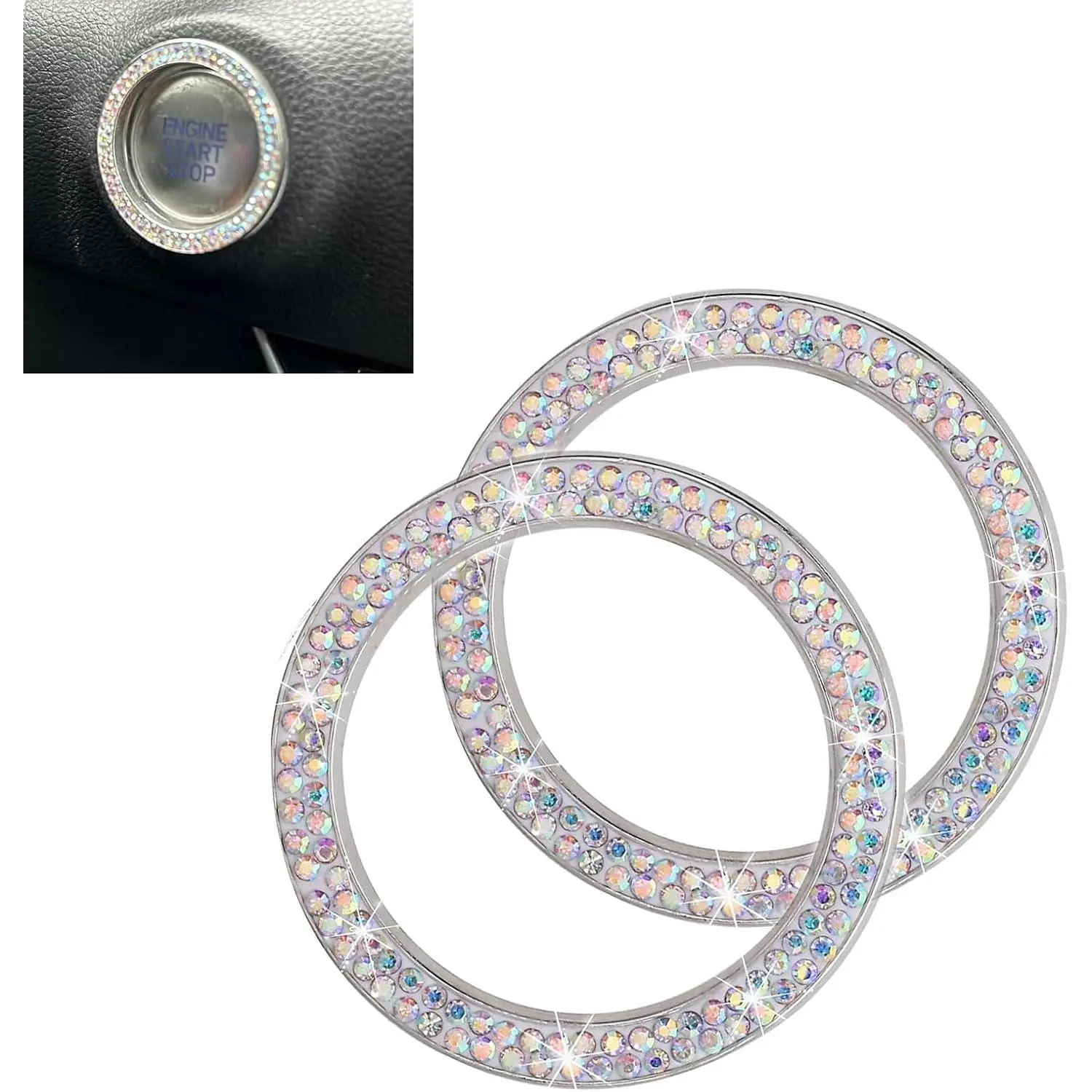 2 count Bling Push to Start Button Cover,  Rhinestone Engine Start Button Cover, Sparkling  Interior Accessories for Women (Multicolored)