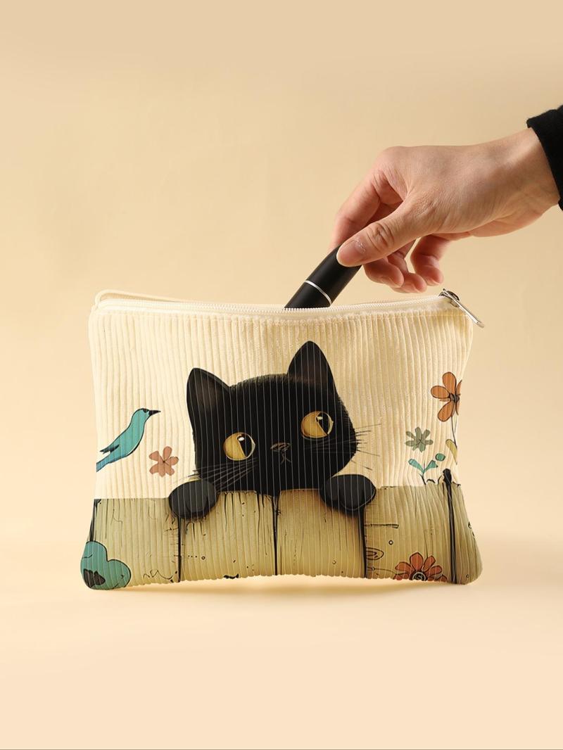 Cat Pattern Corduroy Makeup Bag, Lightweight Zipper Makeup Bag, Multifunctional Makeup Organizer for Toiletries and Accessories
