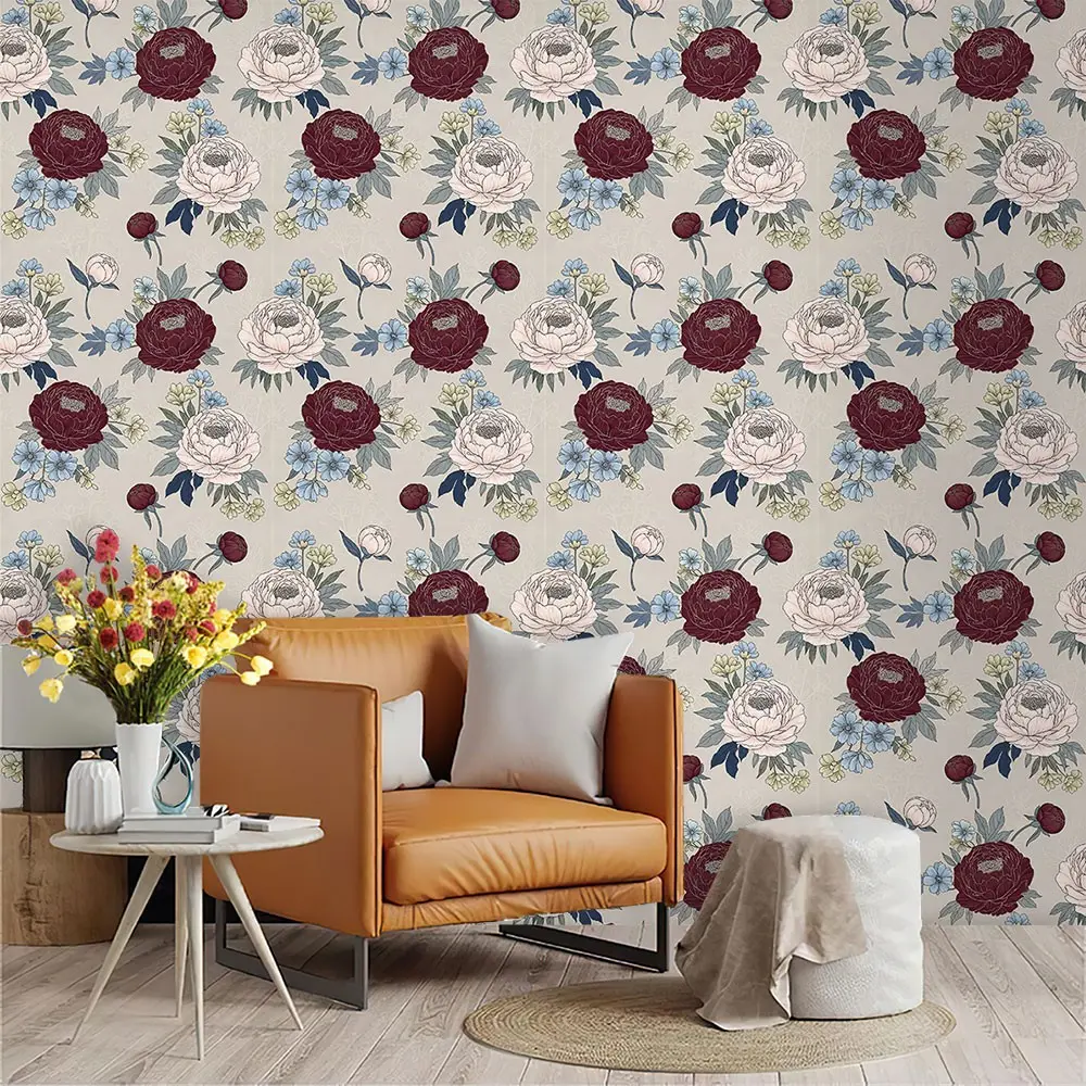 Vintage Watercolor Floral Wallpaper, PVC Material, Peel-And-Stick, Mould-Proof, Ideal for Living Room, Kitchen, Bedroom Decor