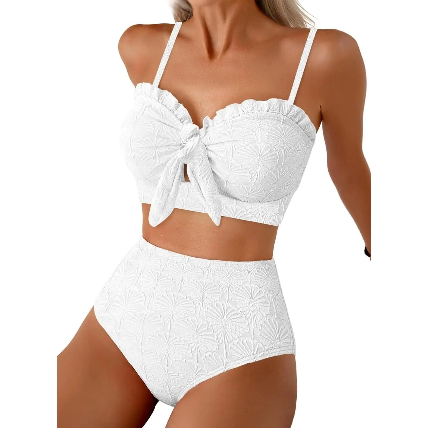 Women's Seashell Textured Knotted Front Bikini Set with Ruffle Trim Two-Piece Swimsuit(Gift)