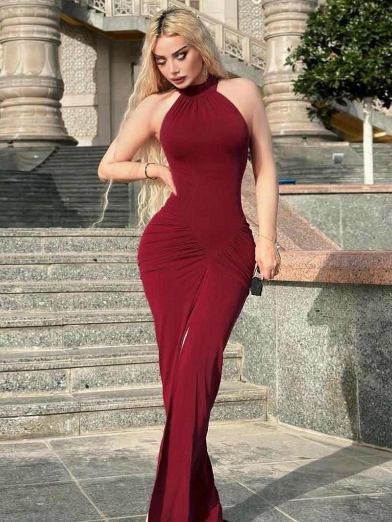 Women's Solid Ruched Halter Neck Bodycon Dress, Elegant Fashion Sleeveless Split Hem Dress for Party Club Dating Wear, Women Dress for Summer, Bodycon Side Slit