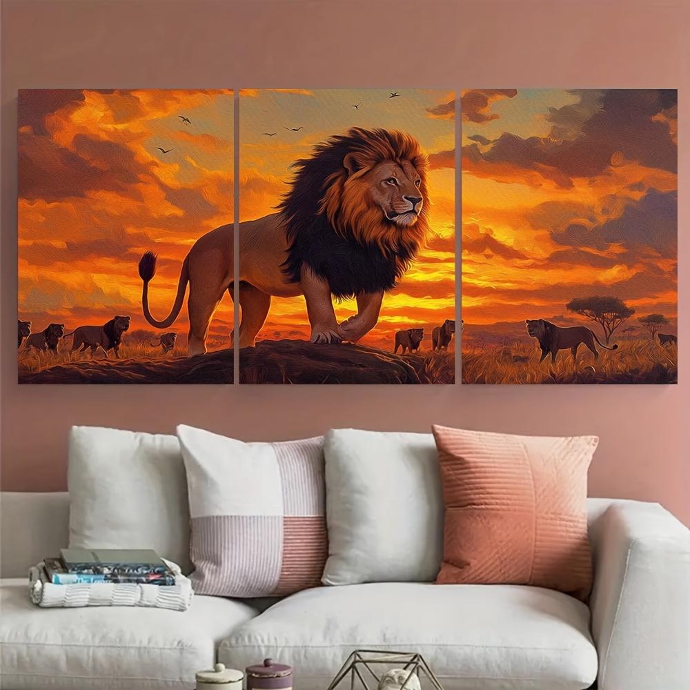 3pcs Lion Wall Art with Frame - Traditional Lion Dance Panels, Majestic Lion & Mane, Polyester Fiber Canvas Suitable for Living Room, Bedroom, Office Decor - Cultural Animal-Themed Hanging Art, 2D Flat, Perfect for Room Decor