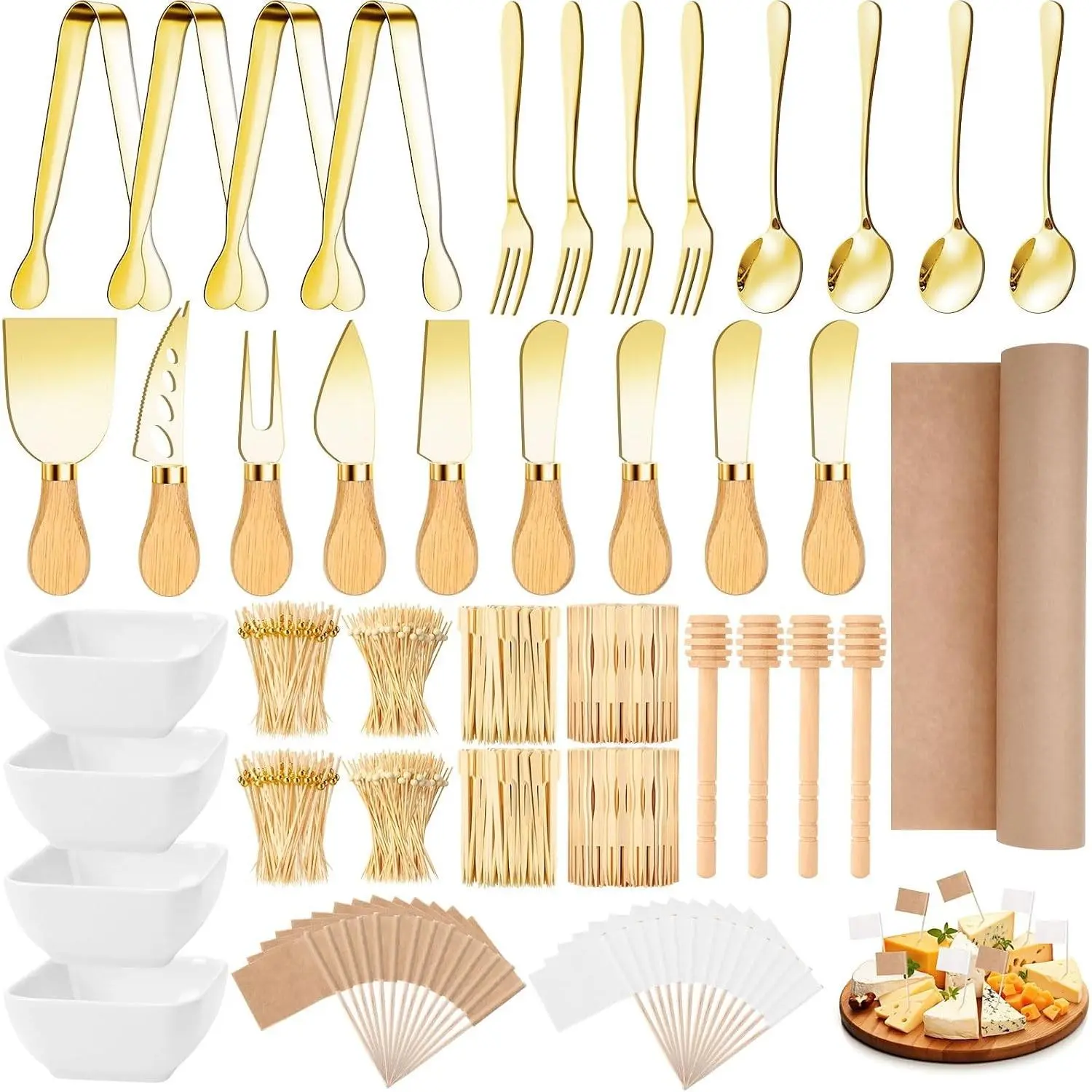 270 Pcs Charcuterie Board Accessories Charcuterie Utensils Cheese Spreader Knife Set Butcher Paper Roll Serving Tong Fork Spoon Dipping Bowl Cocktail Pick for Party Christmas Wedding(Gold)
